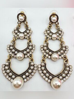 Bridal Statement Chandelier Earrings Faux Pearl & Rhinestone Antiqued Gold Tone